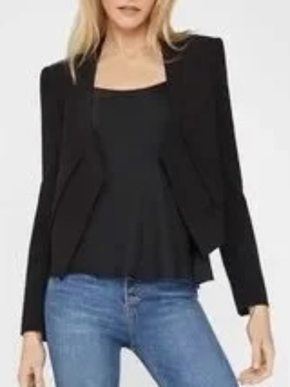 BCBGMazAzria Lloyd Cropped Asymmetrical Open Front Black Blazer Women's Sz Med